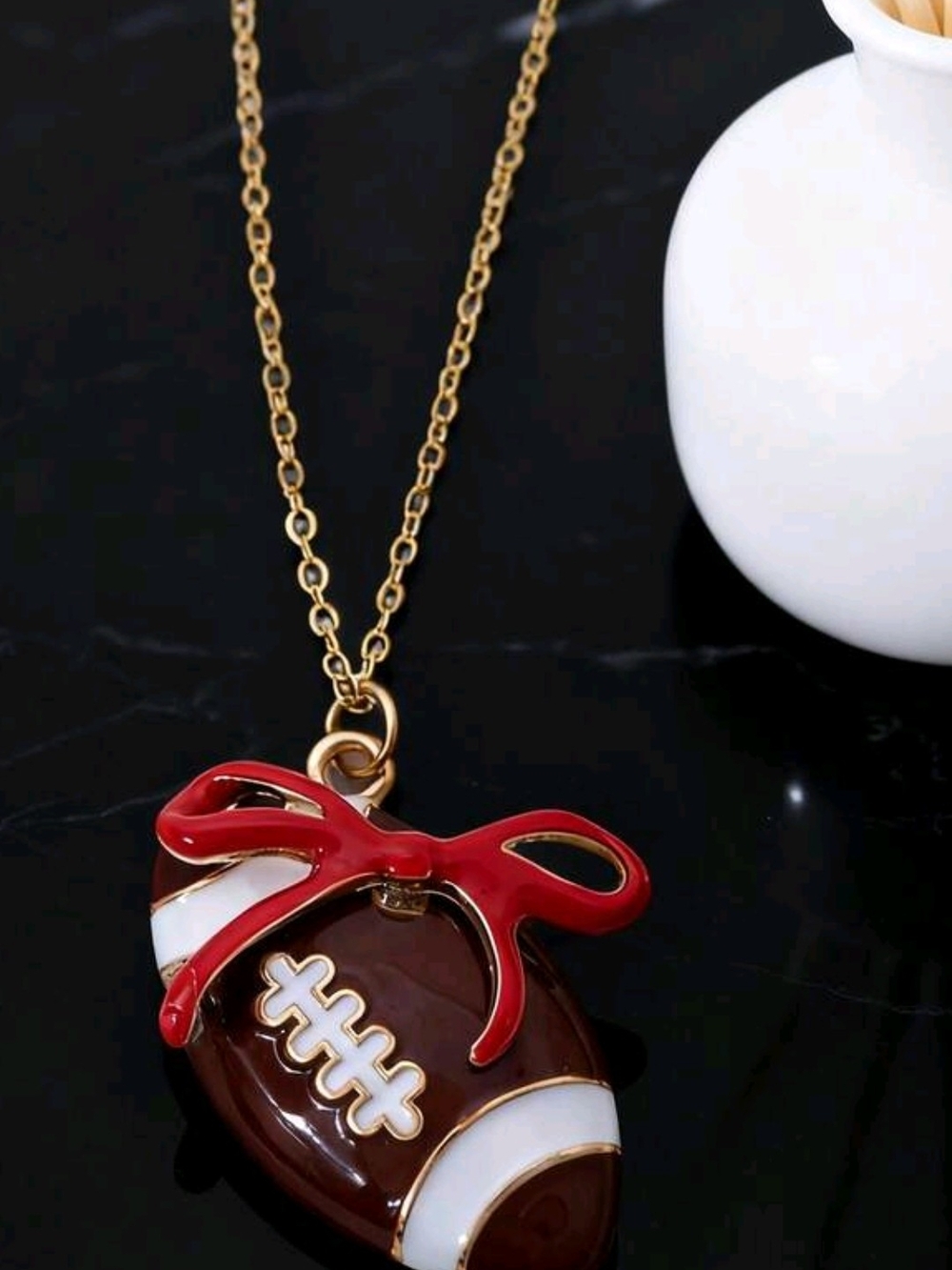 Gold-Chain Brown Football Pendant Necklace with Red Bow